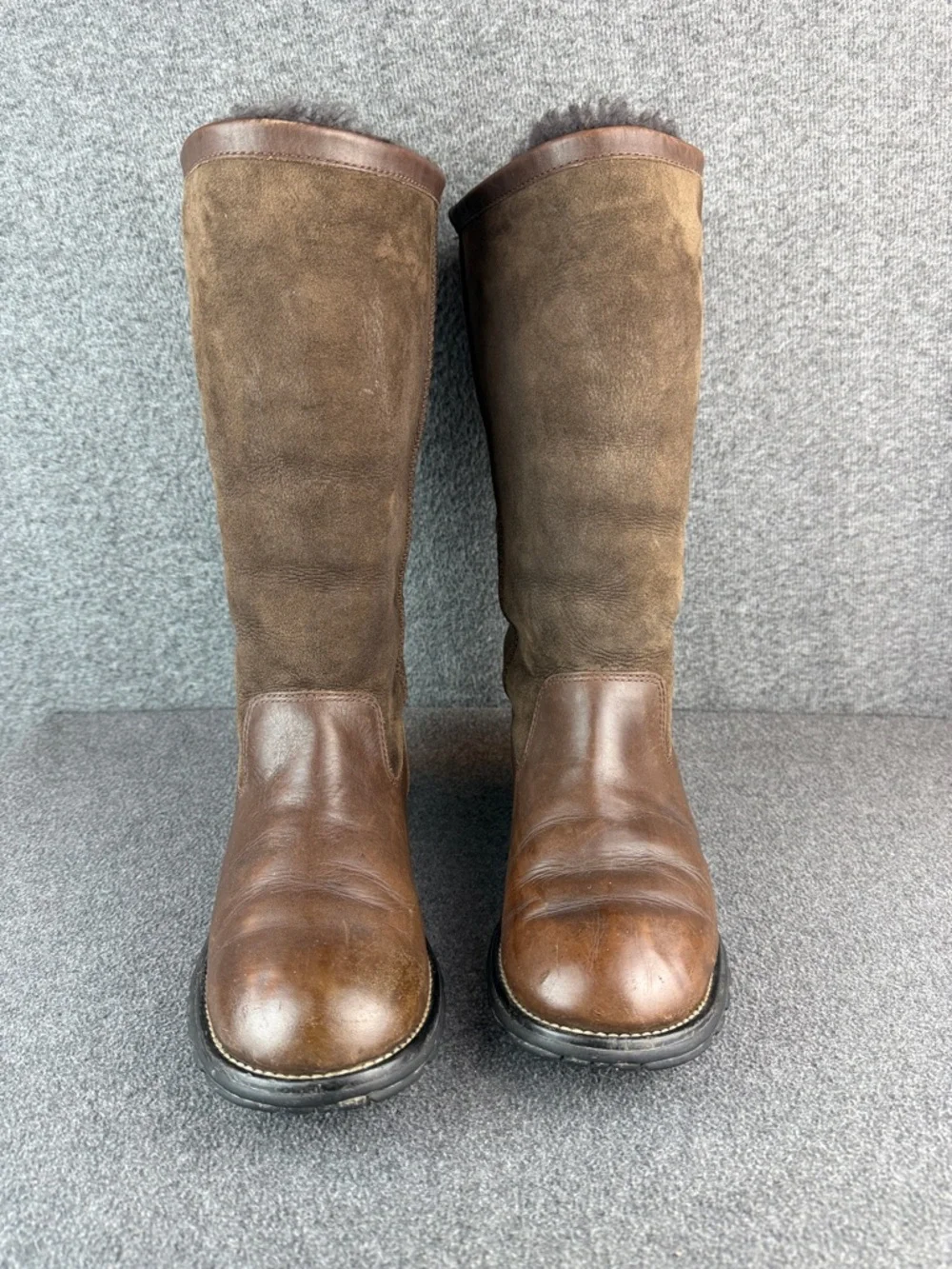 UGG Brrooks Dark Brown Leather Boots  Shearling‎ Cuffs Size 10